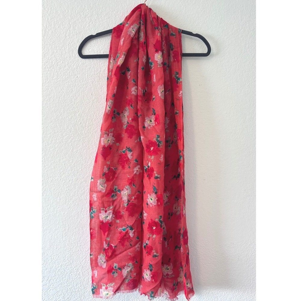 J.Crew Red‎ Floral Scarf Lightweight Frayed Fringe Eyelash Edge Oversized Wrap